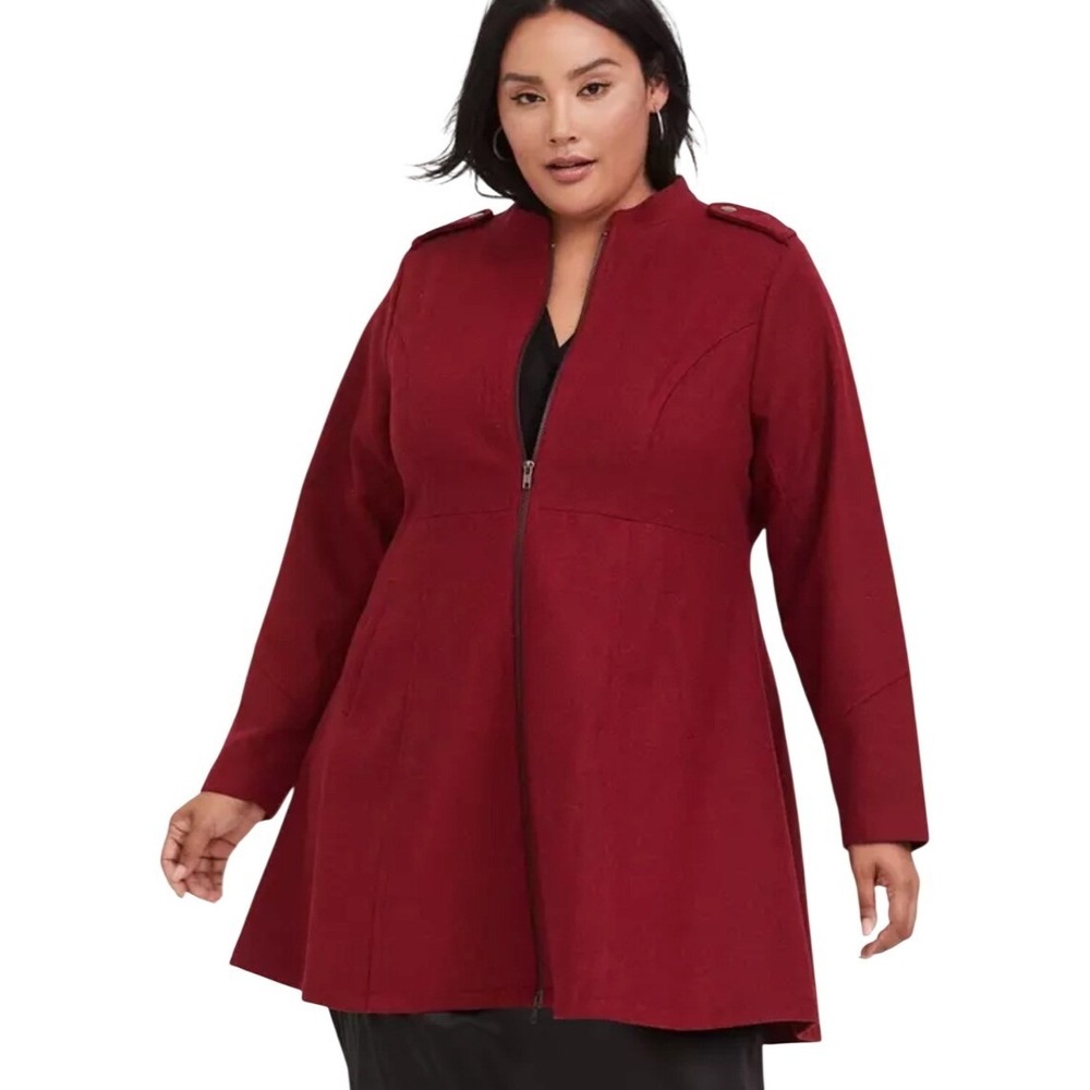 Torrid Wool Blend Zip Front Fit and Flare Coat Burgundy  Plus Size 3X